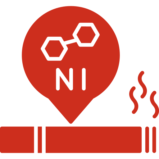 Red icon of a cigarette emitting smoke, with a location pin showing a chemical structure and "NI" inside, indicating nicotine presence.