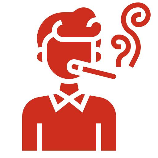Red icon of a person with styled hair and a shirt, smoking a cigar.