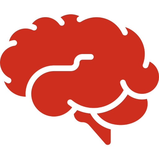 Red stylized brain icon with simplified contours on a transparent background.